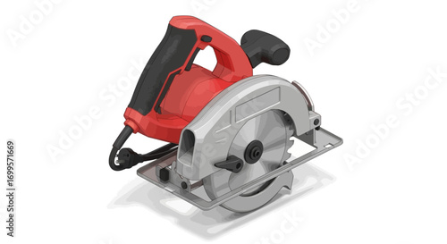 Detailed illustration of a new red electric circular saw power tool for carpentry, isolated on a clean white background