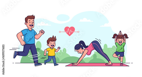 Healthy Family Exercising Together Outdoors: Running, Yoga, and Fitness Concept
