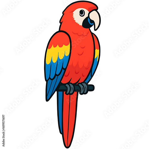 Colorful cartoon illustration of a red scarlet macaw parrot perched on a branch. Cute exotic tropical bird vector isolated on a white background