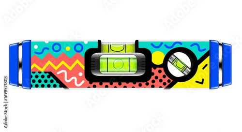 A unique spirit level tool featuring a vibrant and colorful retro geometric pattern, representing a blend of precision and creative design