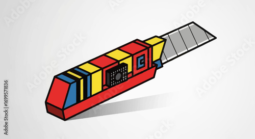 Isometric vector graphic of a vibrant block-style utility knife on a clean background, a conceptual design for creative tools
