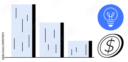 Bar graph declining, blue circle with lightbulb, and dollar icon symbolizing growth, innovation, and savings. Ideal for business success, data analysis, finance, efficiency strategy economic