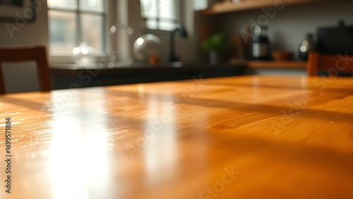 Wallpaper Mural Close-up of polished wooden table surface with soft morning light through a blurred kitchen window in warm natural tones. Torontodigital.ca
