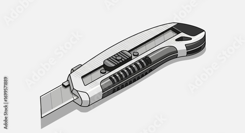 A detailed black and white illustration of a retractable utility knife, a sharp hand tool for cutting, crafting, and office work, isolated on a plain background