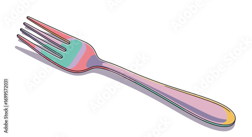 Creative pop art illustration of a single dining fork featuring vibrant pastel colors and an iridescent sheen, isolated on a clean white background