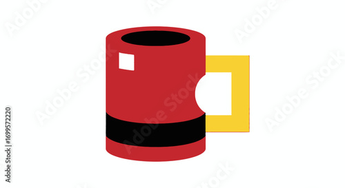 Vibrant red coffee mug with a yellow handle, a minimalist flat design icon perfect for representing hot beverages like tea or coffee