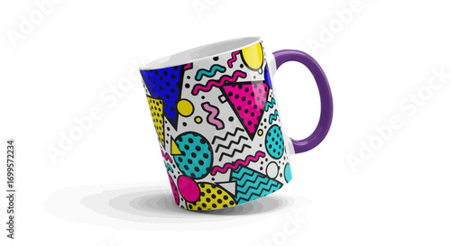 Ceramic coffee mug featuring a vibrant and colorful retro 1980s geometric Memphis style pattern with a purple handle, isolated on a white background