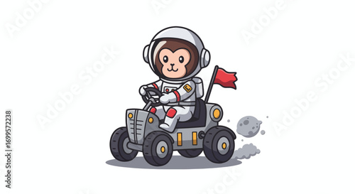 Astronaut monkey driving a lunar rover with a red flag