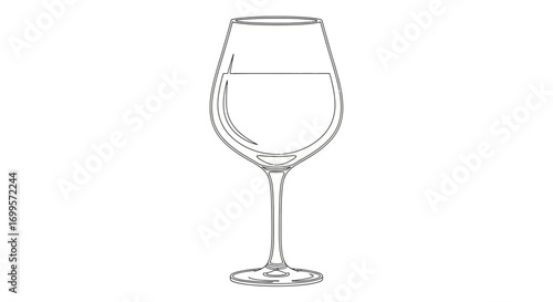 Simple black and white line art illustration of a classic wine glass isolated on a white background. Minimalist vector icon for menu or design