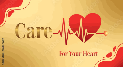 Heart Health Care Concept with Heartbeat Line and Red Organic Shapes on Golden Background