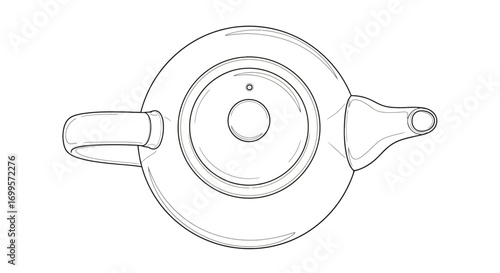Simple black and white sketch of a classic teapot from a top-down perspective. Elegant outline drawing for kitchen, cafe, or tea time concepts