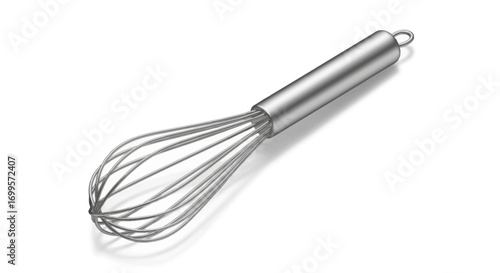 A classic stainless steel wire whisk, an essential culinary utensil for mixing, beating, and whipping ingredients for cooking or baking, isolated on a white background