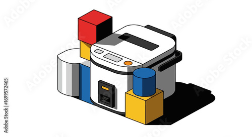 Modern isometric illustration of an electric rice cooker surrounded by colorful abstract geometric shapes on a white background