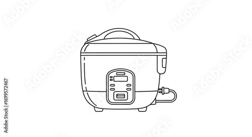 Vector line art illustration of a modern electric rice cooker. Minimalist kitchen appliance icon for culinary and home cooking concepts