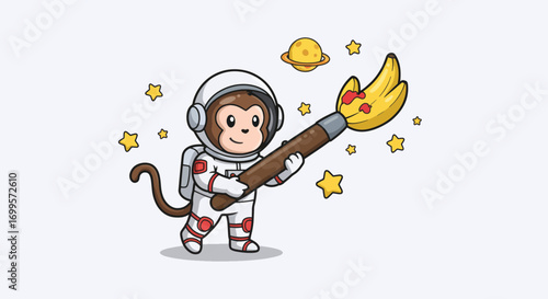 Cartoon astronaut monkey holding a paintbrush with bananas
