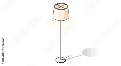 Isometric illustration of a modern floor lamp casting a warm glow. Simple and elegant interior lighting fixture isolated on a white background