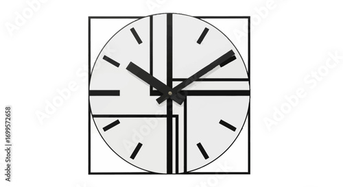 Minimalist black and white square wall clock with an abstract geometric line art design. A stylish and contemporary home accessory isolated on white