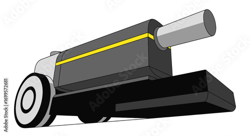 Stylized cartoon illustration of a historical military cannon on wheels. Vector graphic of an old-fashioned artillery weapon isolated on a white background