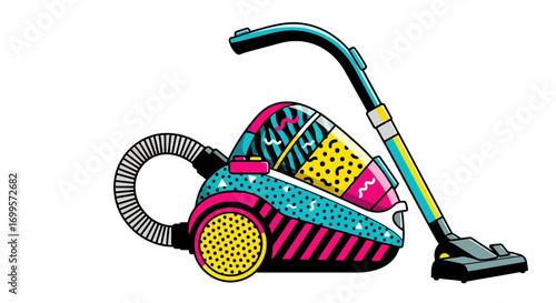 Vibrant and funky vacuum cleaner drawing in a Memphis design style. Brightly colored domestic equipment with geometric shapes and patterns isolated on a white background