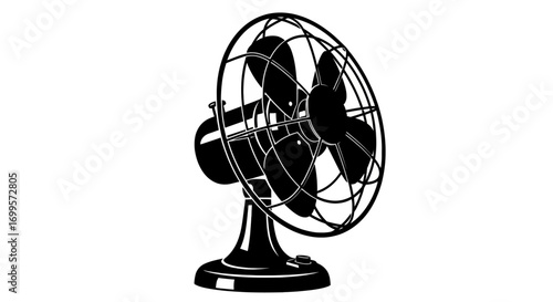 A classic tabletop fan depicted in a bold black and white graphic style, a symbol of vintage cooling technology and summer relief
