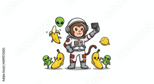 Cartoon astronaut monkey taking a selfie with aliens and bananas