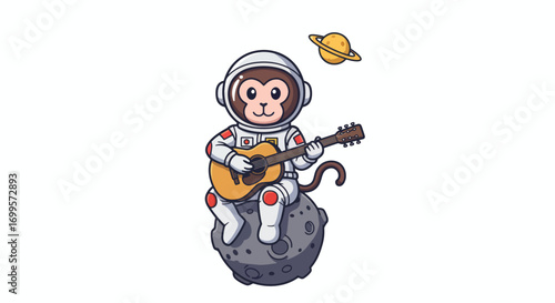 Cartoon monkey astronaut plays guitar on moon with Saturn nearby
