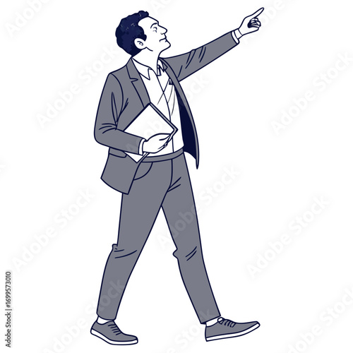 A confident businessman in a suit pointing upwards and holding a tablet while walking