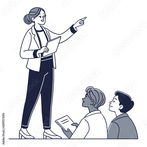 A confident female leader points and presents information to a small group of attentive listeners