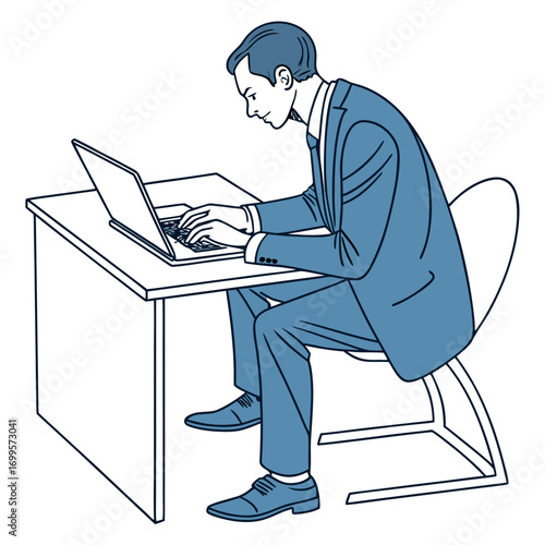 A focused businessman in a blue suit diligently typing on a laptop at his office desk
