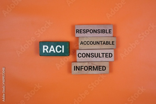 RACI elements visually demonstrated with labeled blocks. Highlights organizational roles like responsibility, accountability, consulting, and informed stakeholder interactions on Orange Background