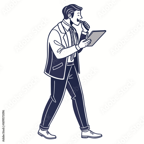 A man in a suit walks while speaking into a microphone and holding a tablet device