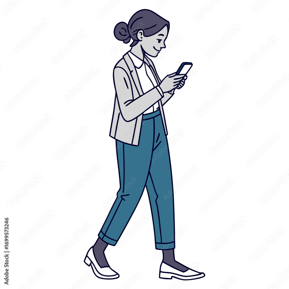 Fototapeta premium A young businesswoman in professional attire walking and looking at her smartphone with a smile