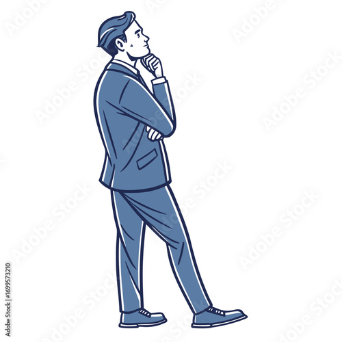 A thoughtful businessman in a blue suit stands with his hand on his chin contemplating a decision
