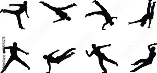 Breakdance silhouette collection, hip hop dancer vector set, street dance moves illustration, urban dance graphic design, performing dancers artwork, isolated black figures