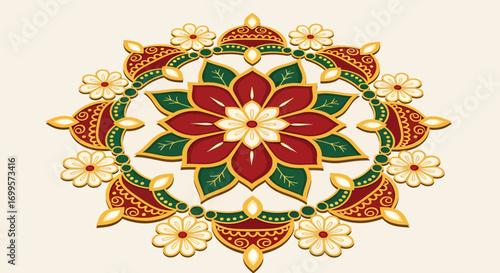 Intricate Floral Mandala Art with Red, Green, and Golden Hues - Festive Design