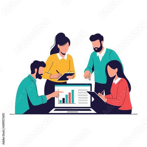 Vector art of team of professionals collaborating on a business project, analyzing data on a laptop