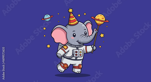 A cartoon astronaut elephant in a space suit holds a planet on a stick