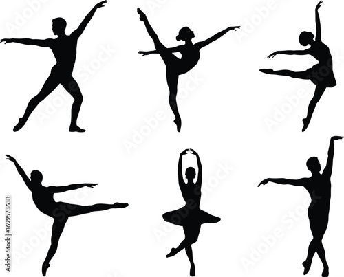 Collection of ballet dancer silhouettes performing elegant dance poses, classical ballet vector illustration, ballerina movement icons, graceful artistic performance, dance studio design