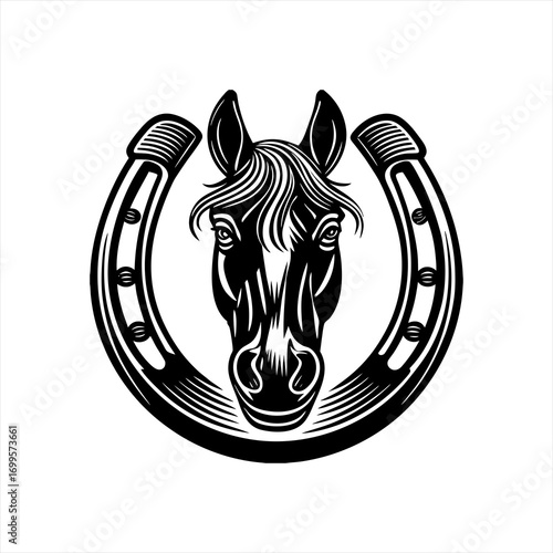 Majestic Horse Head Emblem with Horseshoe.