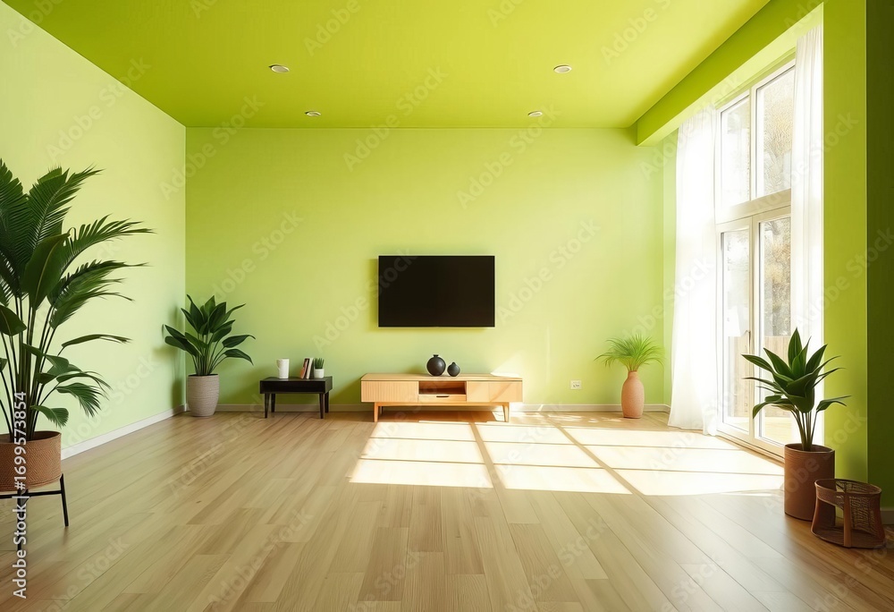Fototapeta premium Vast empty green living room, natural light streams in, chair, wallpaper