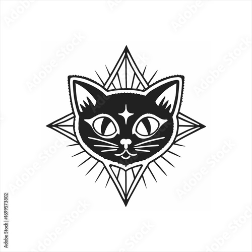Mystical Black Cat Head with Starburst Emblem.