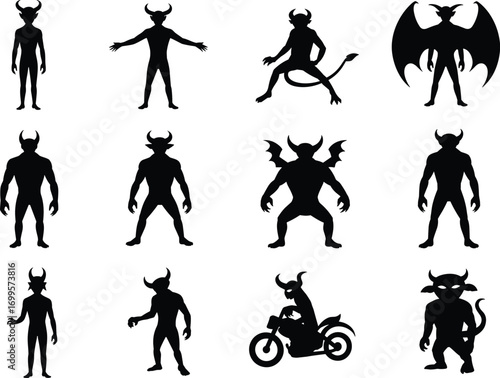 Collection of demon and devil silhouettes with horns, wings, tails, strong muscular bodies, mythical monster figures, fantasy creatures, horror illustration design