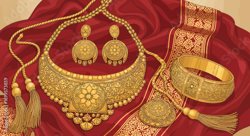Intricate Gold Jewelry Set with Necklace, Earrings, and Bracelet on Silk