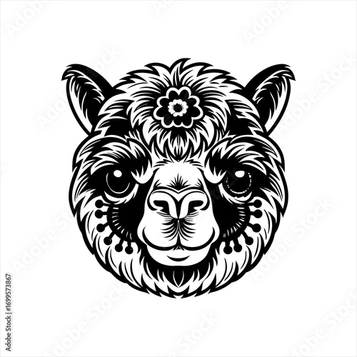 Stylized Black and White Alpaca Face Illustration.