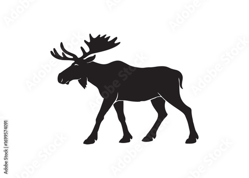 Majestic moose silhouette with giant antlers forward view on white background.
