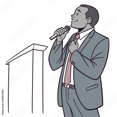 Confident businessman speaking into microphone at podium adjusting tie with a smile