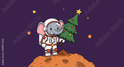 Astronaut elephant decorates Christmas tree on moon