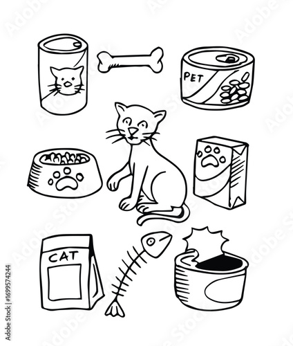 cat food doodle set hand drawn sketch illustration
