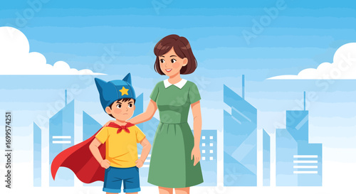 Mother admires her son dressed as a superhero in front of city skyline and clouds
