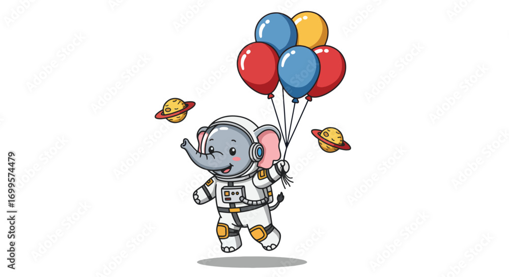 Naklejka premium Elephant astronaut with balloons and planets in space